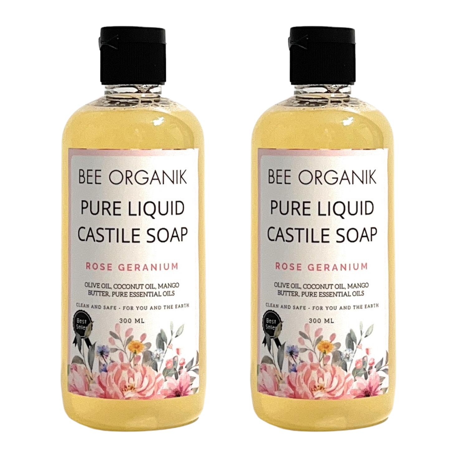 ROSE GERANIUM Pure Liquid Castile Soap 300ml (2 pcs)