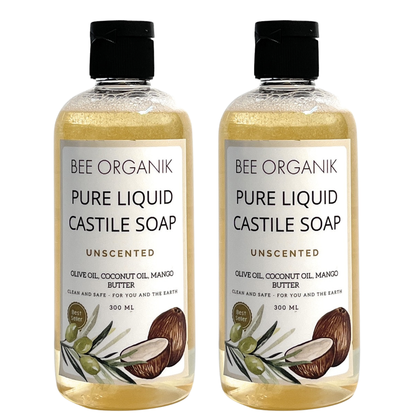 UNSCENTED Pure Liquid Castile Soap 300ml (2 pcs)