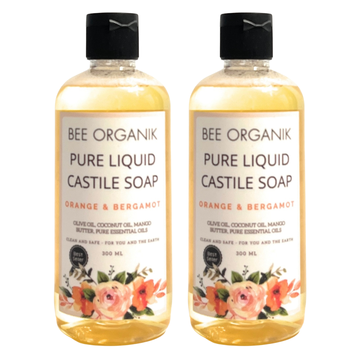 ORANGE & BERGAMOT Pure Liquid Castile Soap, 300ml (2 pcs)