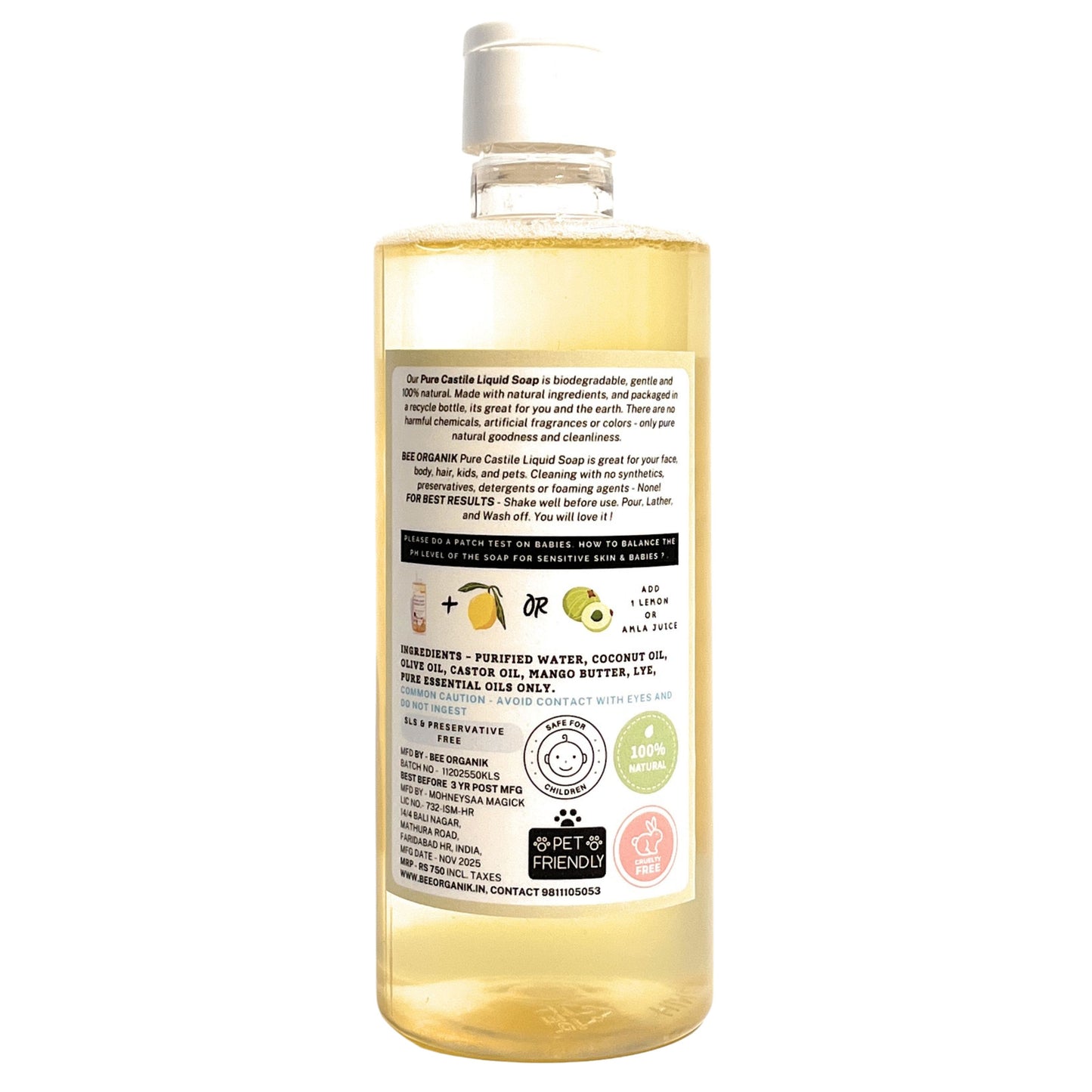 LEMON & LIME PURE LIQUID CASTILE SOAP  500ml X 2  (1 LITRE)