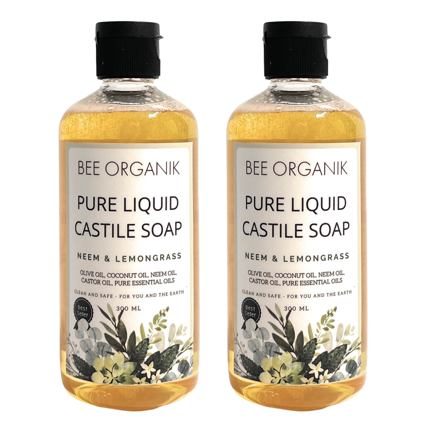 NEEM & LEMONGRASS Pure Liquid Castile Soap 300ml (2 pcs)